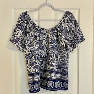 LOFT Top Women’s L Blue White Floral Peasant  Off Shoulder Boho Cottagecore